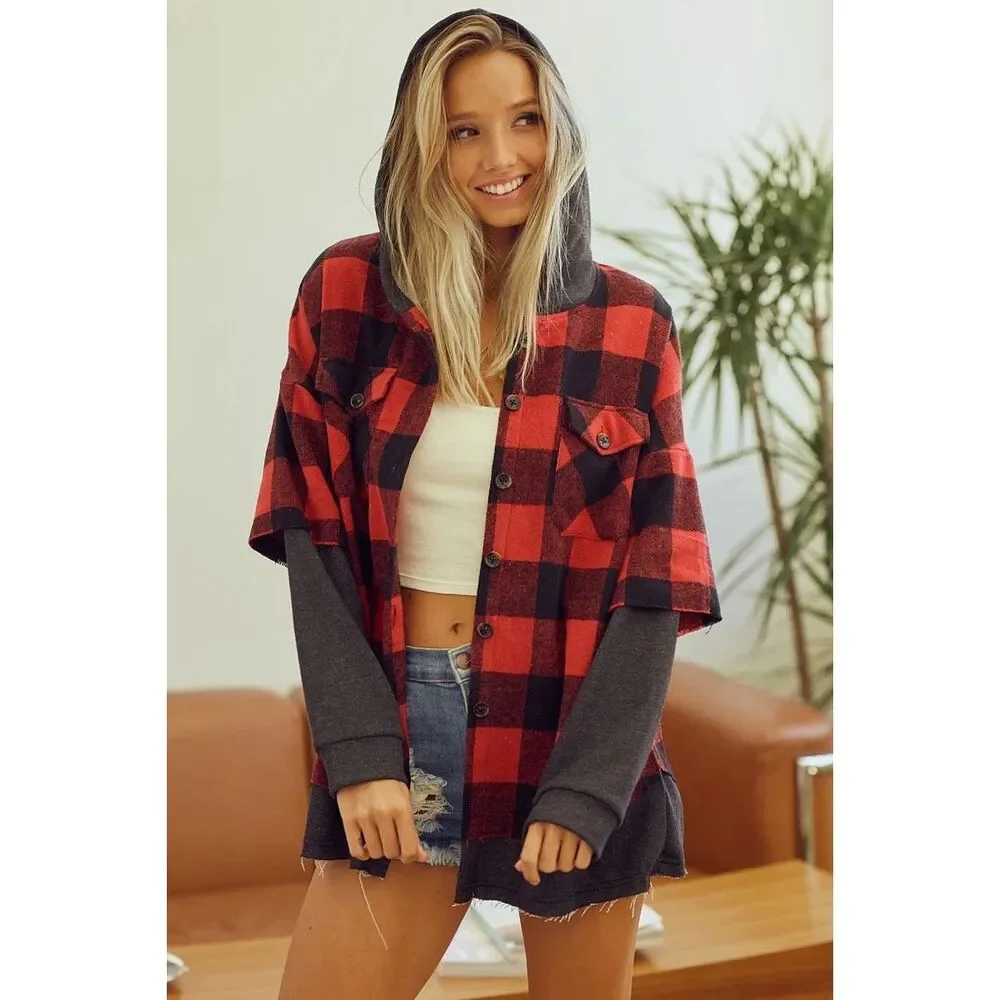 #1004. BiBi Charcoal Buffalo Plaid Long Sleeve Hooded Button Down Shacket NWT